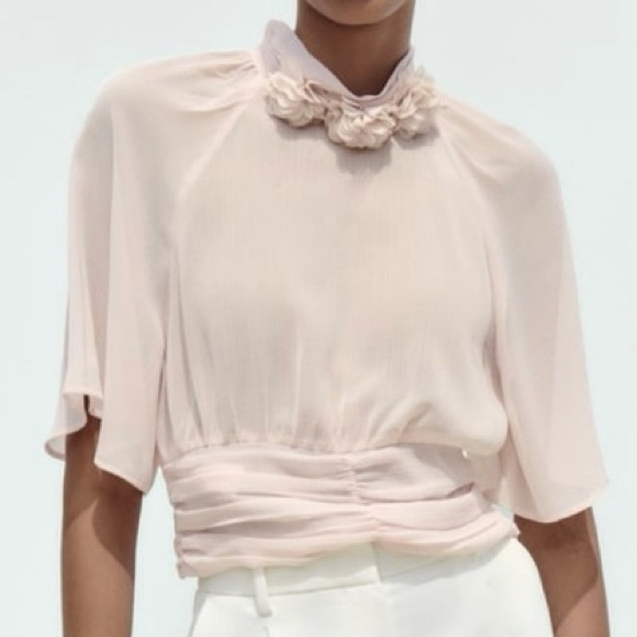 Zara Tops - NEW ZARA Dusty Pink Chiffon Floral 3D Flower Cropped Blouse size Small